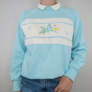 Vintage 80s Grandma Knitted Butterfly Collared Sweatshirt